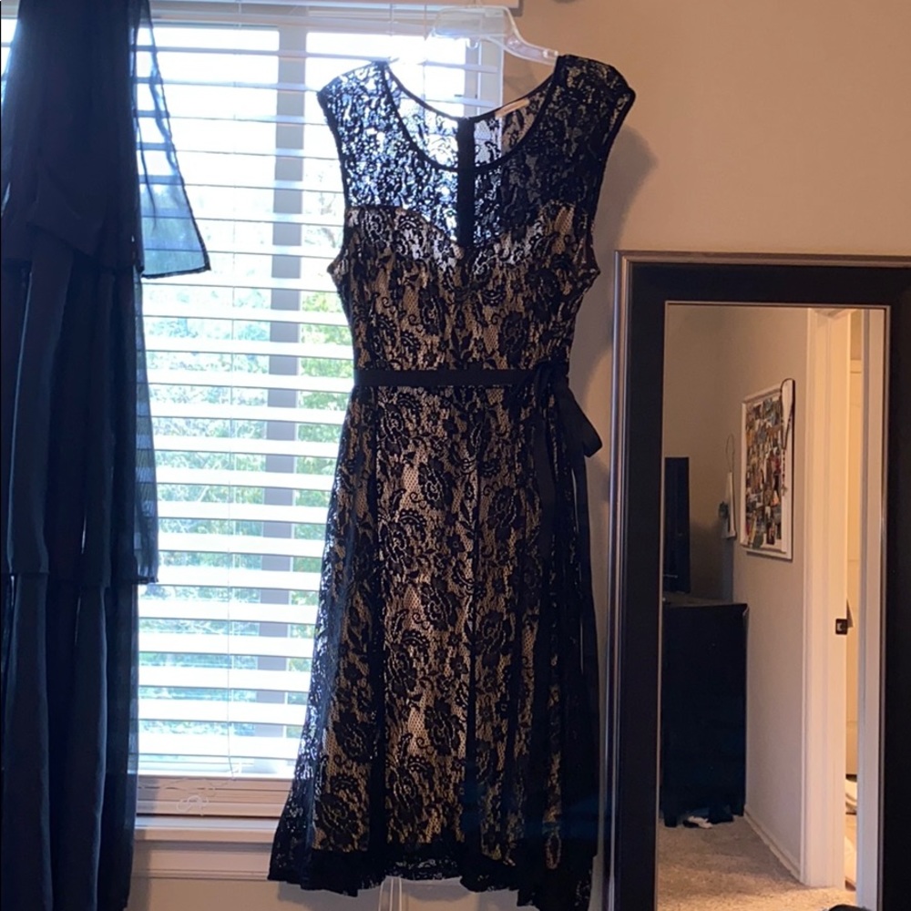 Plus size black lace dress w connected slip